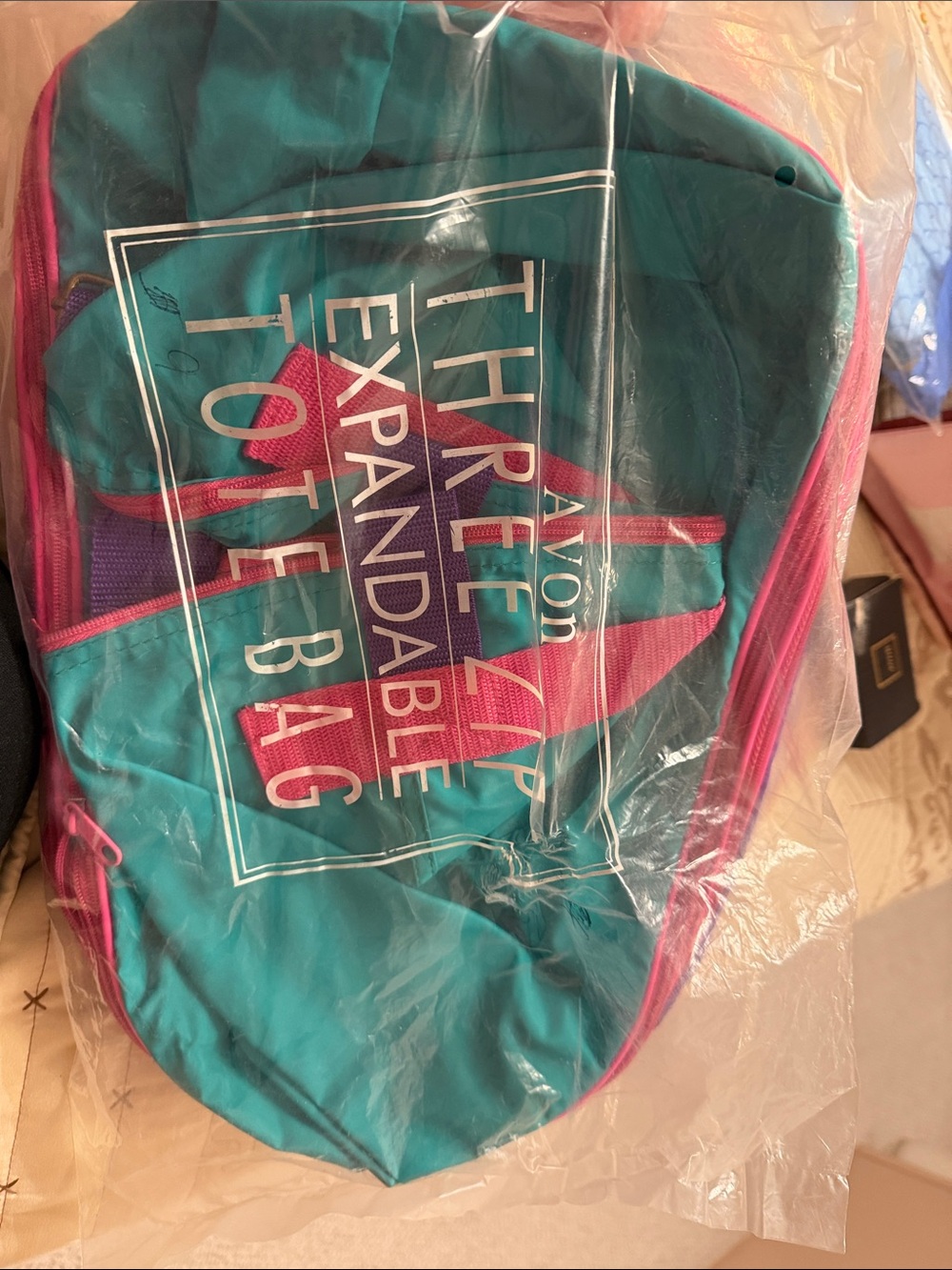 Avon Teal and Pink Expandable Tote Bag